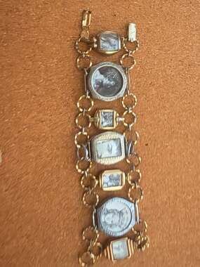 Vintage Multi-Panel Mixed Metal Watch Case Link Bracelet with Portrait Prints